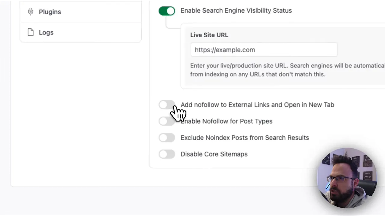 Classicmonks SEO module with Enable Search Engine Visibility Status toggle on and the Live Site URL input field visible.