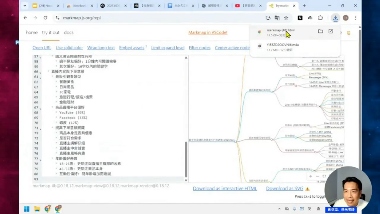 將新字圖 Markdown 結構貼到線上 Mindmap 工具並下載互動網頁