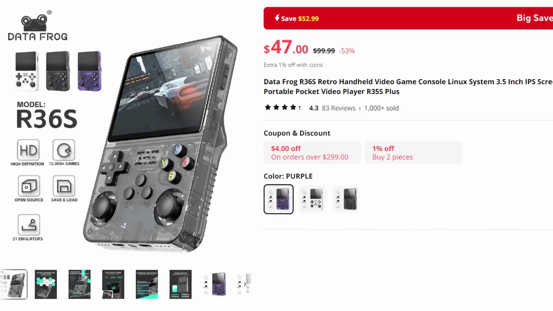 R36S pricing options on AliExpress and Amazon