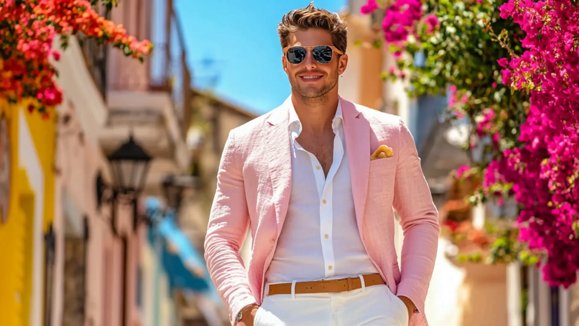 Pastel colored linen blazer in a spring outfit