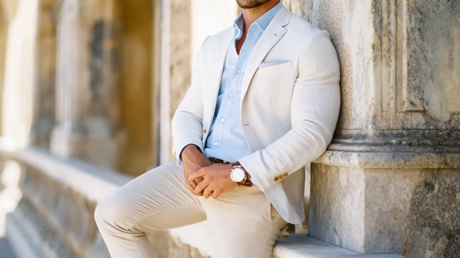 White linen blazer styled for a summer wedding