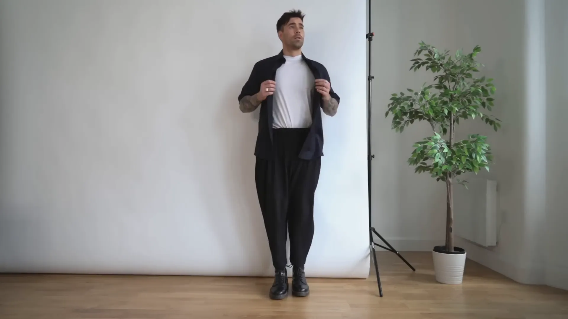 Smart casual outfit with navy blue shirt and Issey Miyake trousers