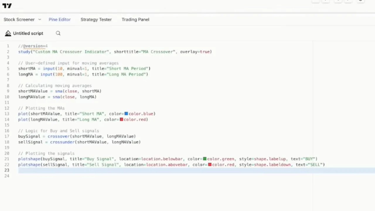 Pine Script in TradingView showing input(shortMA,longMA), sma calculations and plotshape buy/sell label code