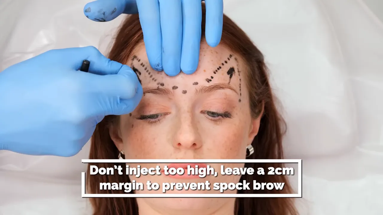 Visão frontal da testa marcada com pontos e setas, mãos com luvas azuis marcando a área da glabela; texto sobreposto 'Don't inject too high, leave a 2cm margin'.