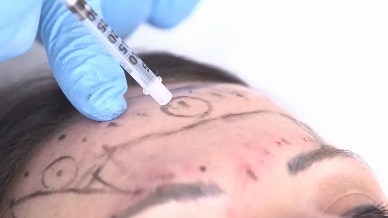 Seringa sendo posicionada sobre ponto marcado em formato circular no couro cabeludo/testa