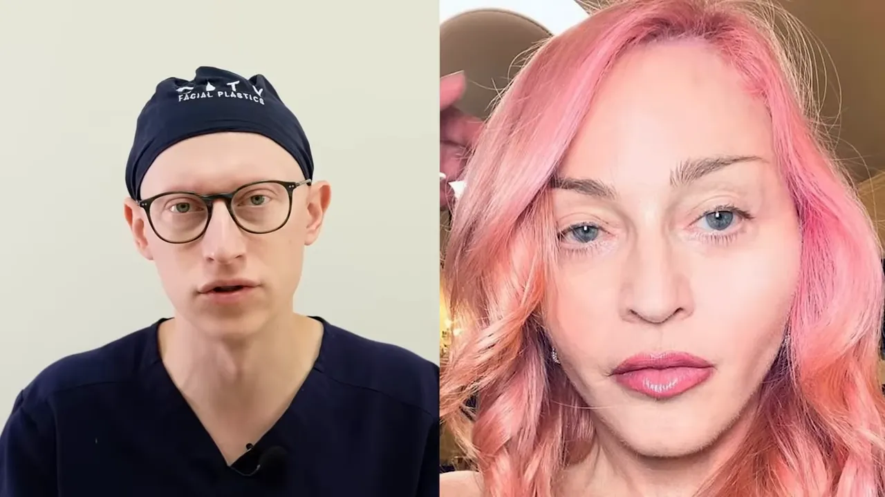 tela dividida com médico explicando à esquerda e retrato facial nítido à direita, composição limpa e sem texto