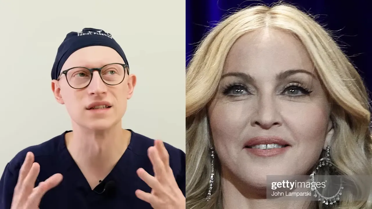 Dr. Gary Linkov gesticulando ao lado de um close-up do rosto da Madonna