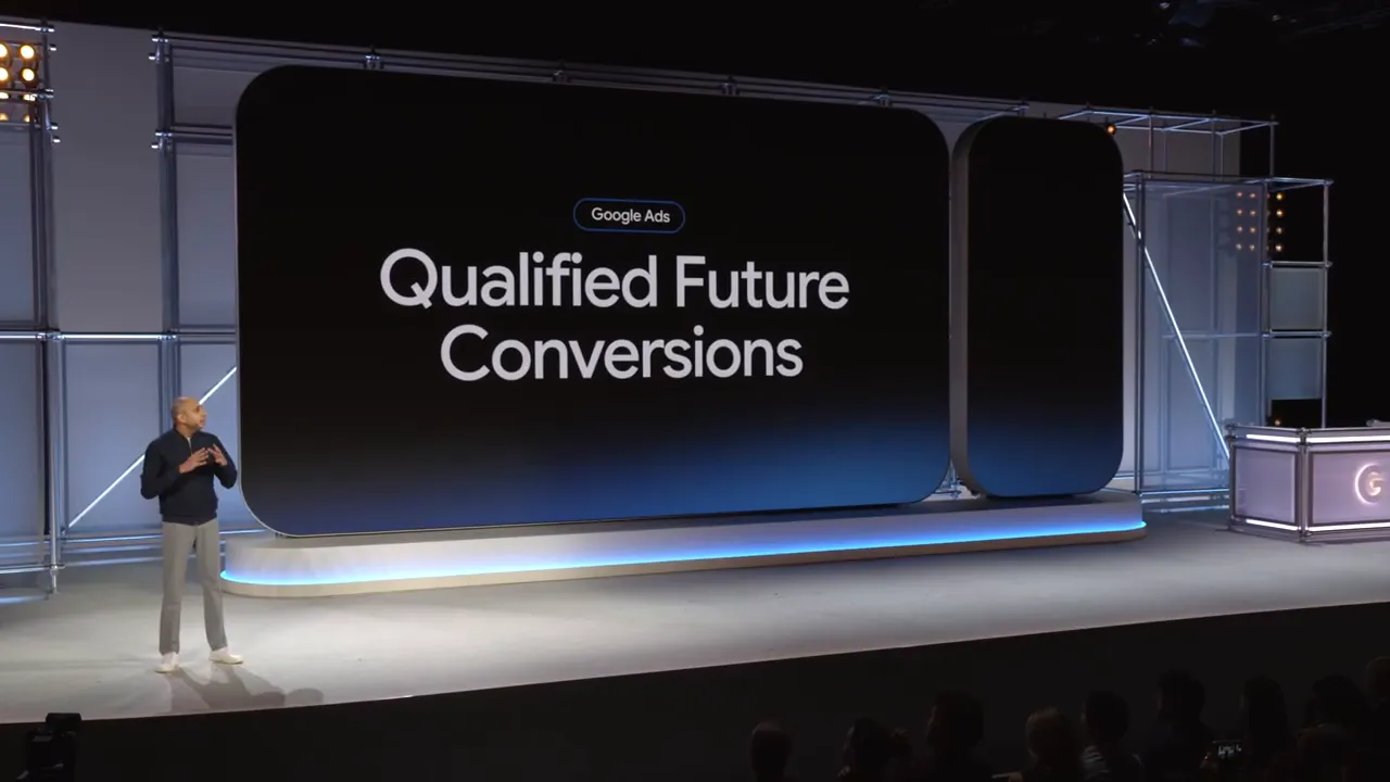 Marketing stage screen with text Qualified Future Conversions under Google Ads branding