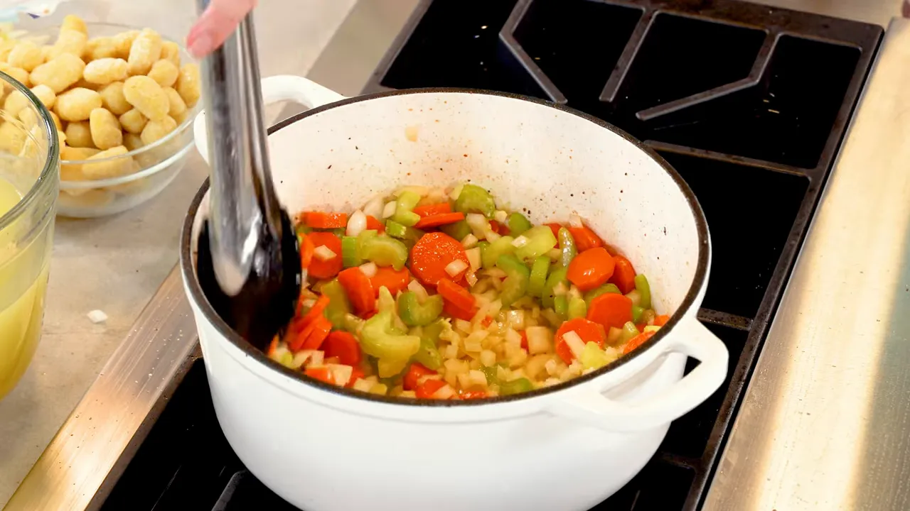 Onions, carrots, and celery cooking in butter