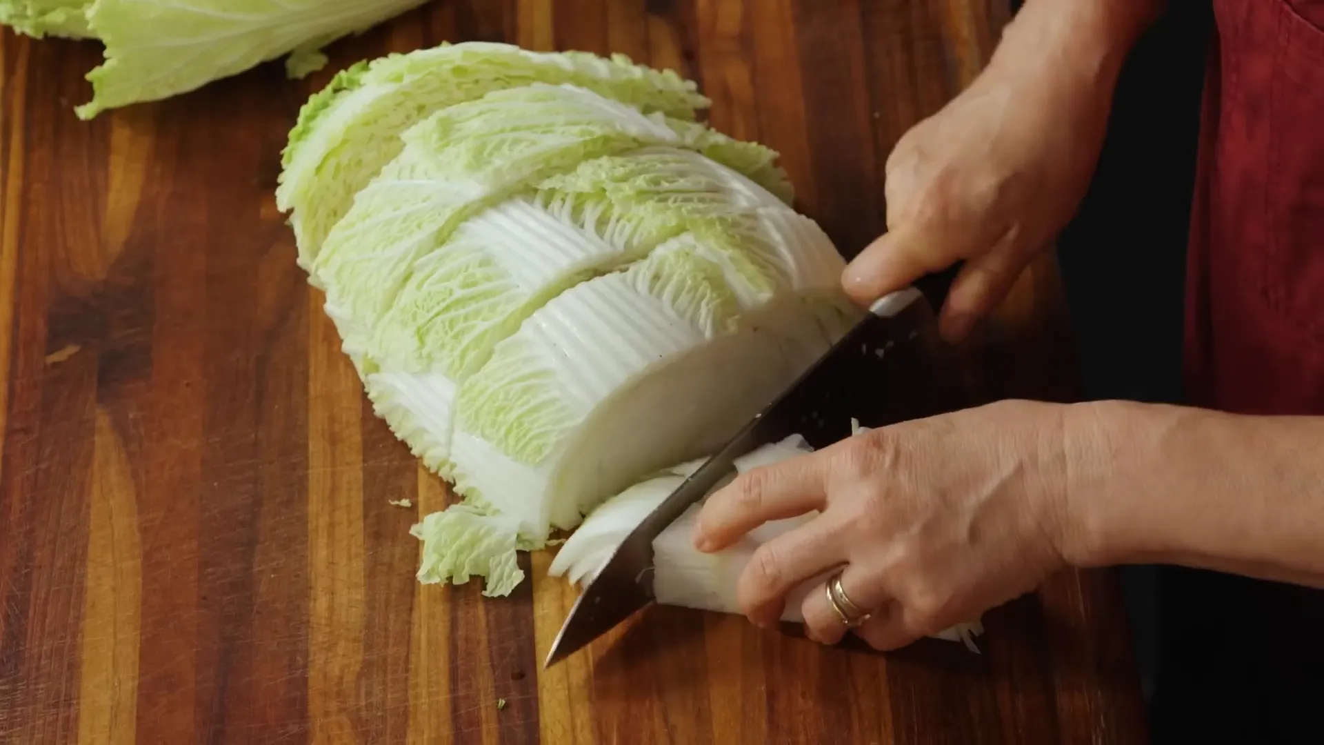Cutting and salting napa cabbage for kimchi