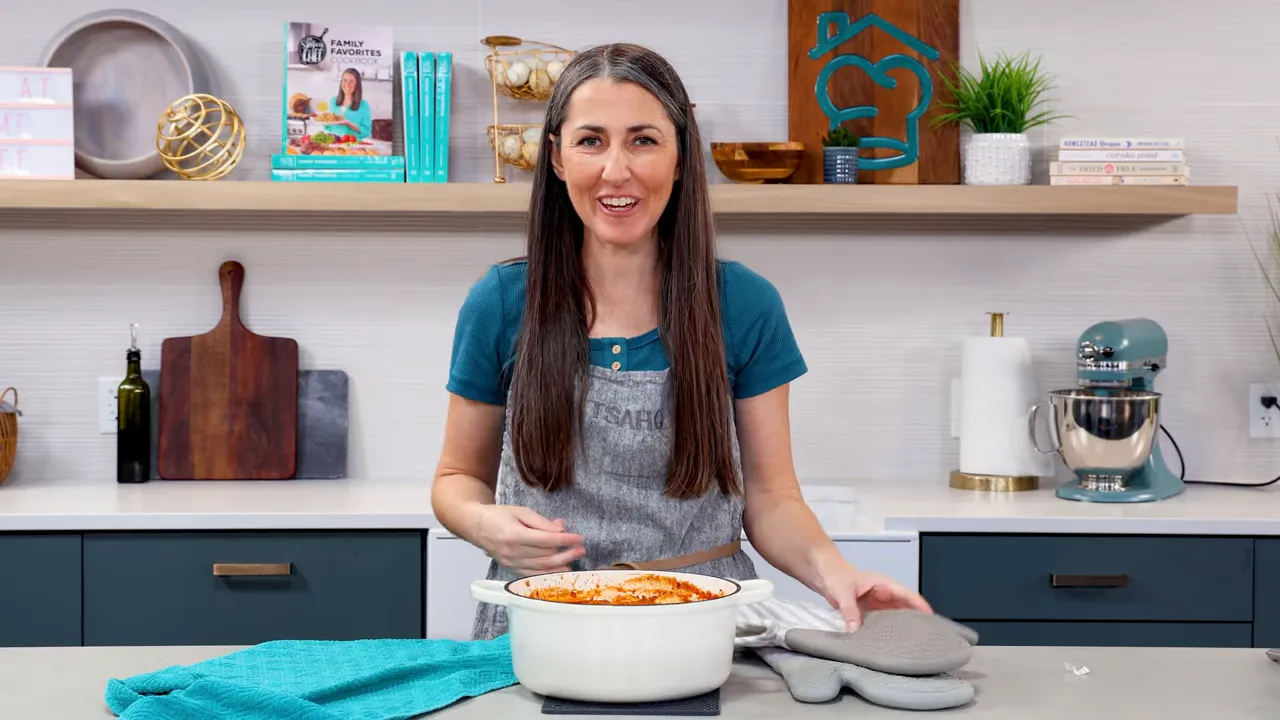 Finished cheesy tortellini bake with bubbling mozzarella