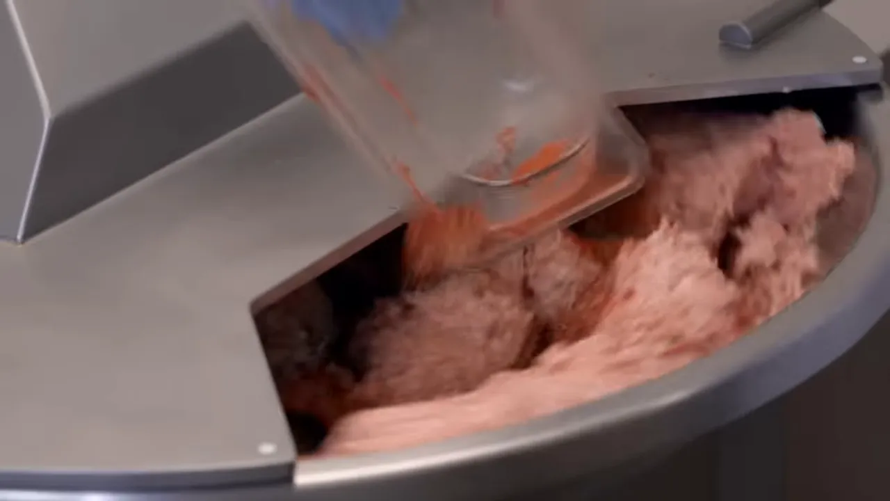 Ice cold bowl cutter spinning blades to form an emulsion for hot dogs