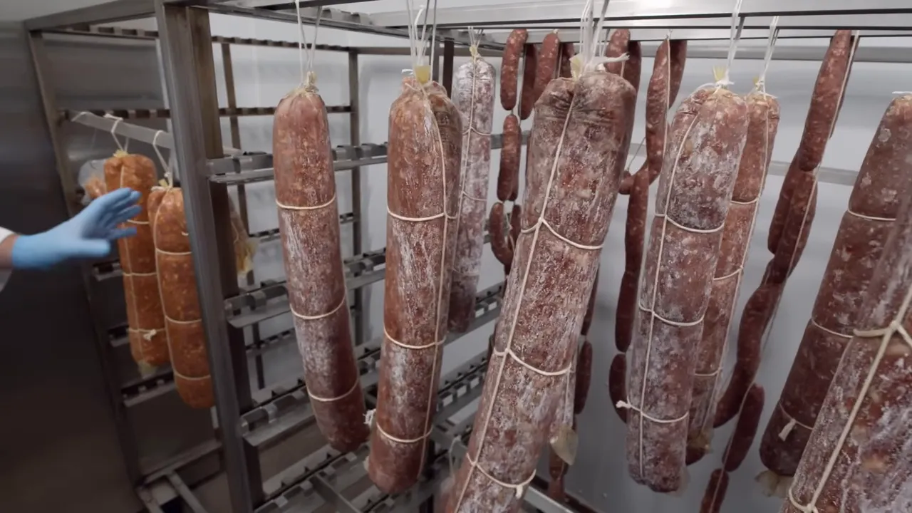 Cured meats hanging to dry with white beneficial mold forming