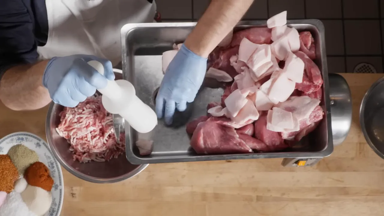 Cubed frozen fat and very lean meat ready for grinding to make salami picante