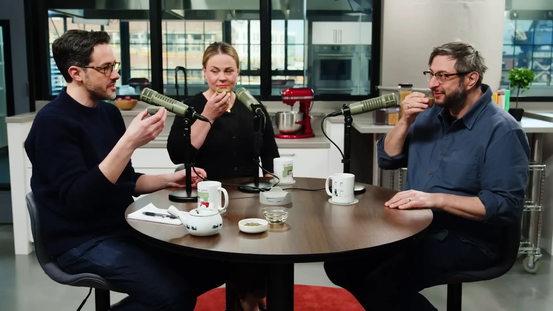 Pouring Chinese Long Jin green tea for Eugene Mirman