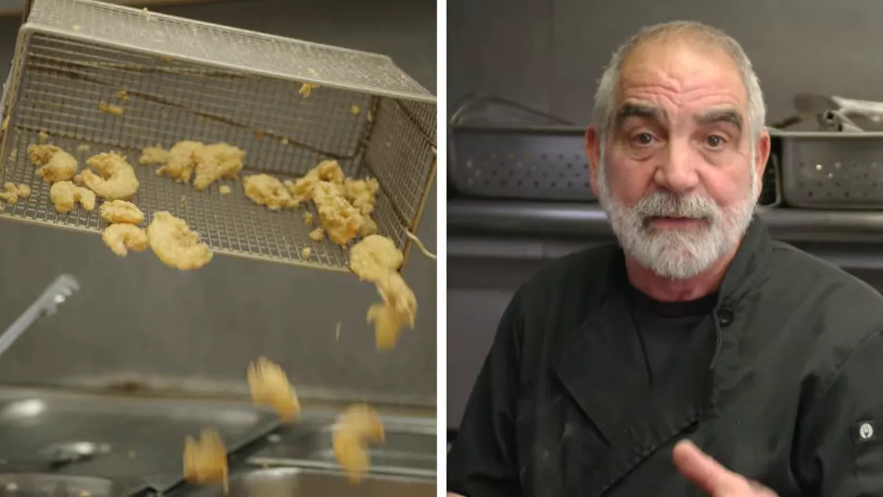 Fried shrimp falling out of a fryer basket with the cook visible at right