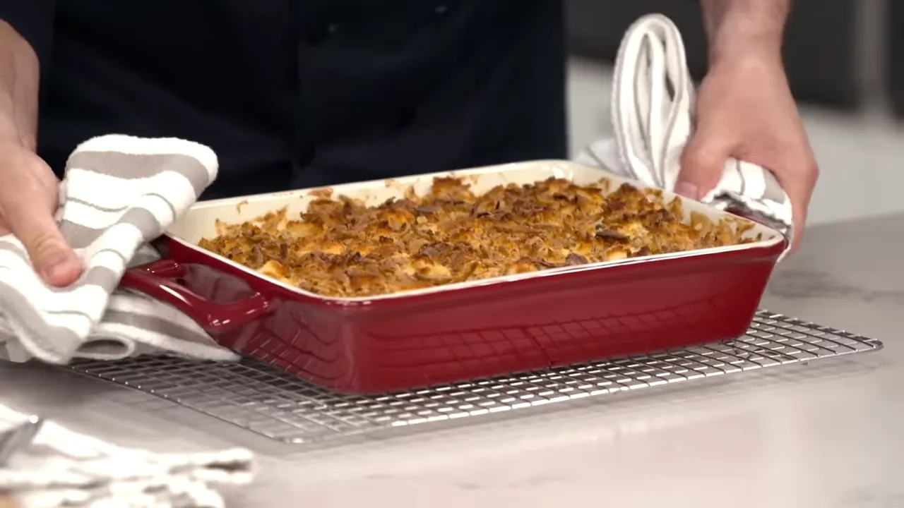 Finished green bean casserole with golden-brown topping