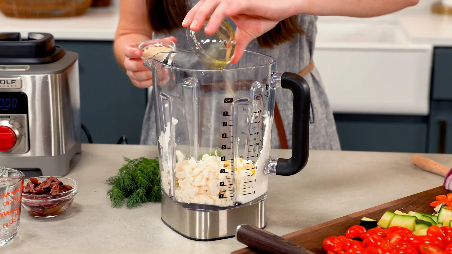 Blending ingredients for whipped feta dressing