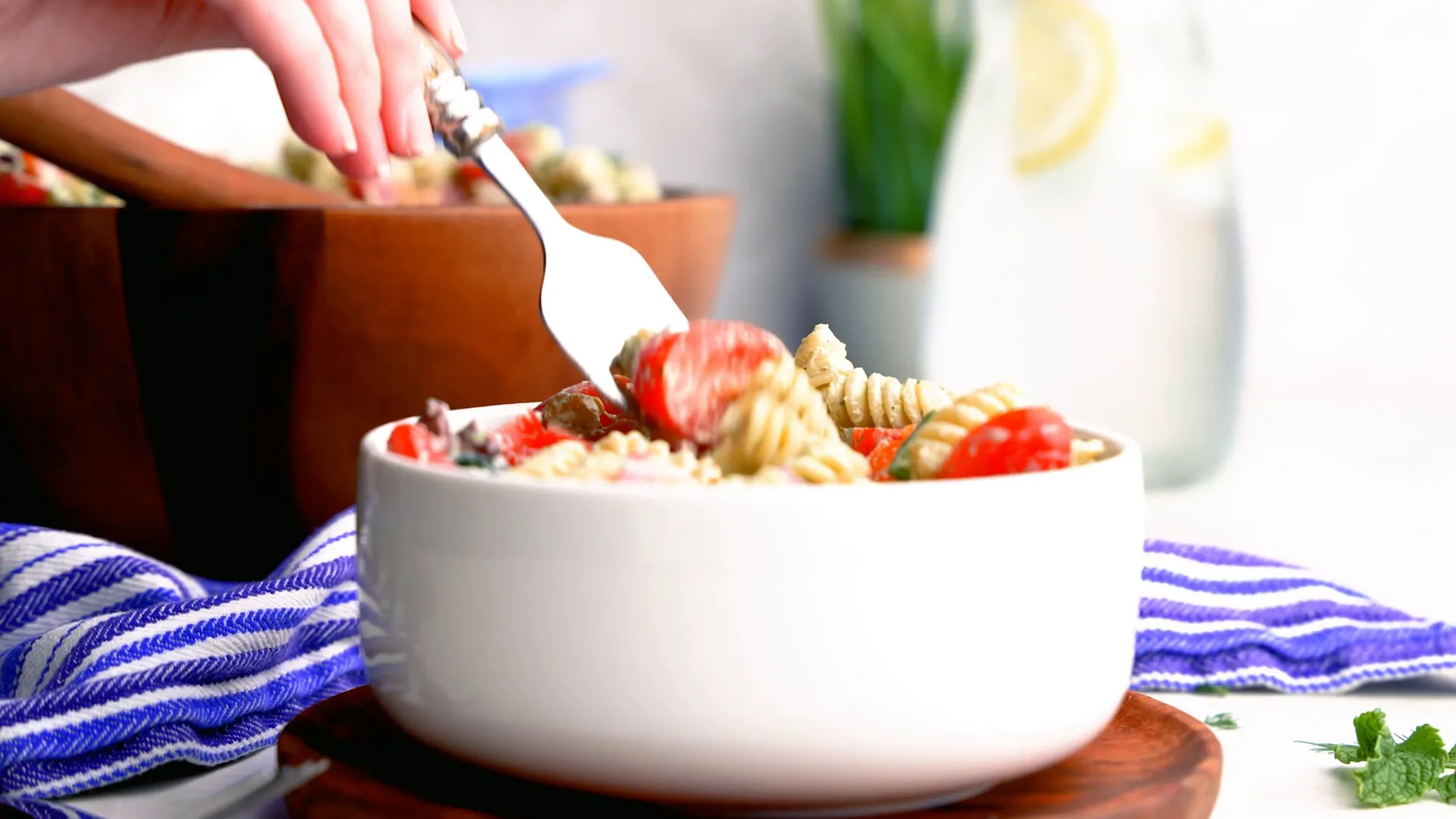Close-up of whipped feta Greek pasta salad ready to serve