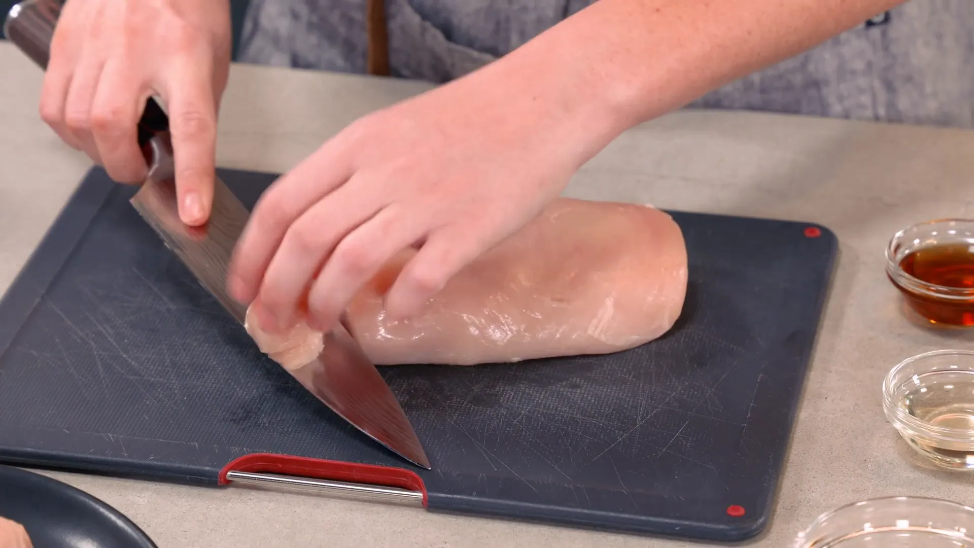 Dicing chicken breasts into strips and cubes