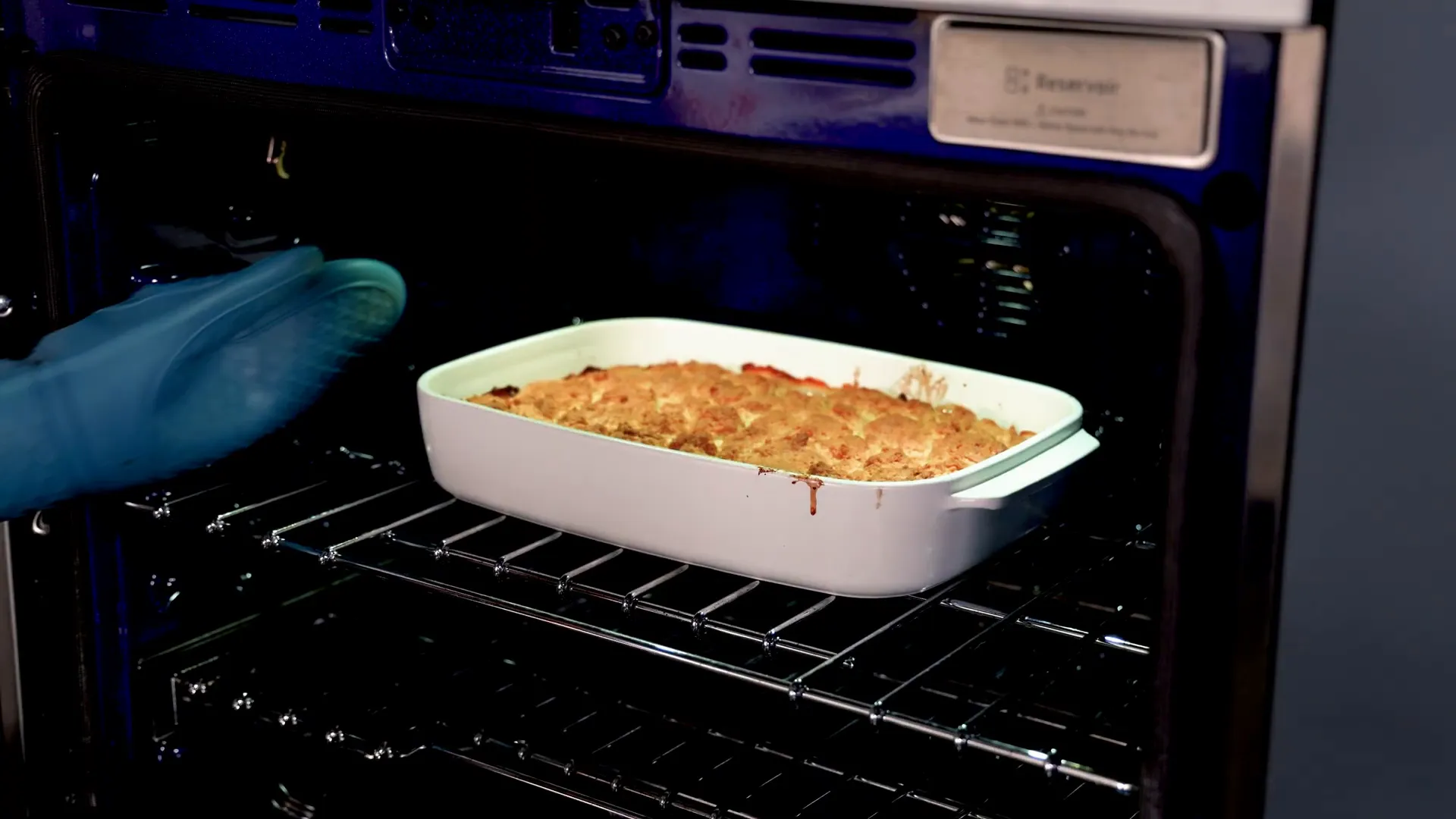 Golden brown and bubbly peach cobbler fresh from the oven
