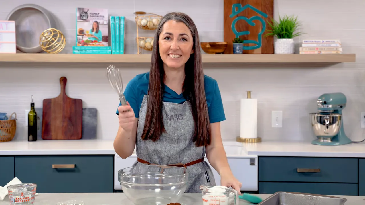 Large mixing bowl and whisk ready for one-bowl chocolate cake
