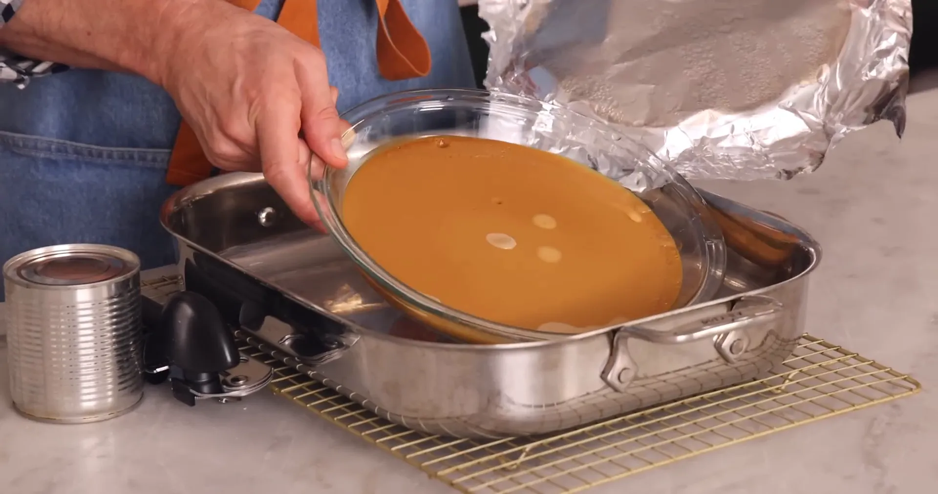 Baked dulce de leche in a pie dish after water bath baking