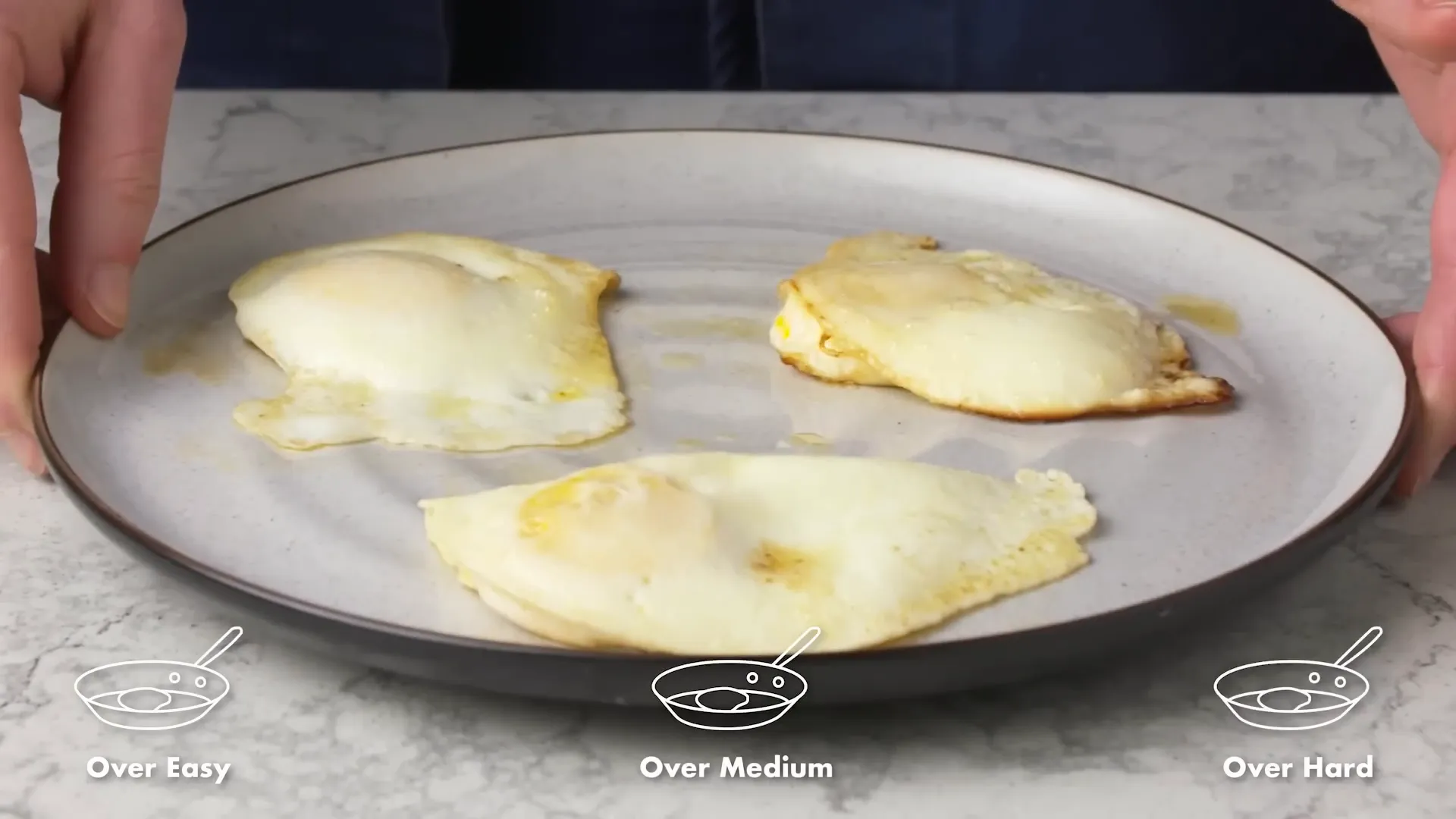 Over easy, medium, and hard eggs side by side