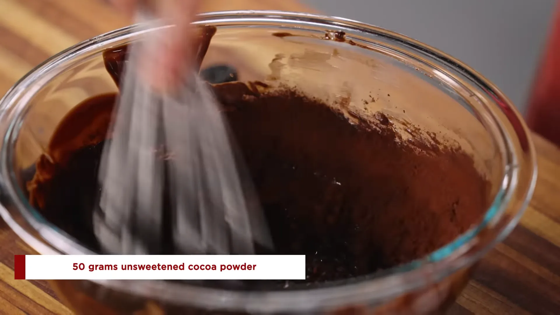 Melted chocolate and butter combined, cocoa powder added