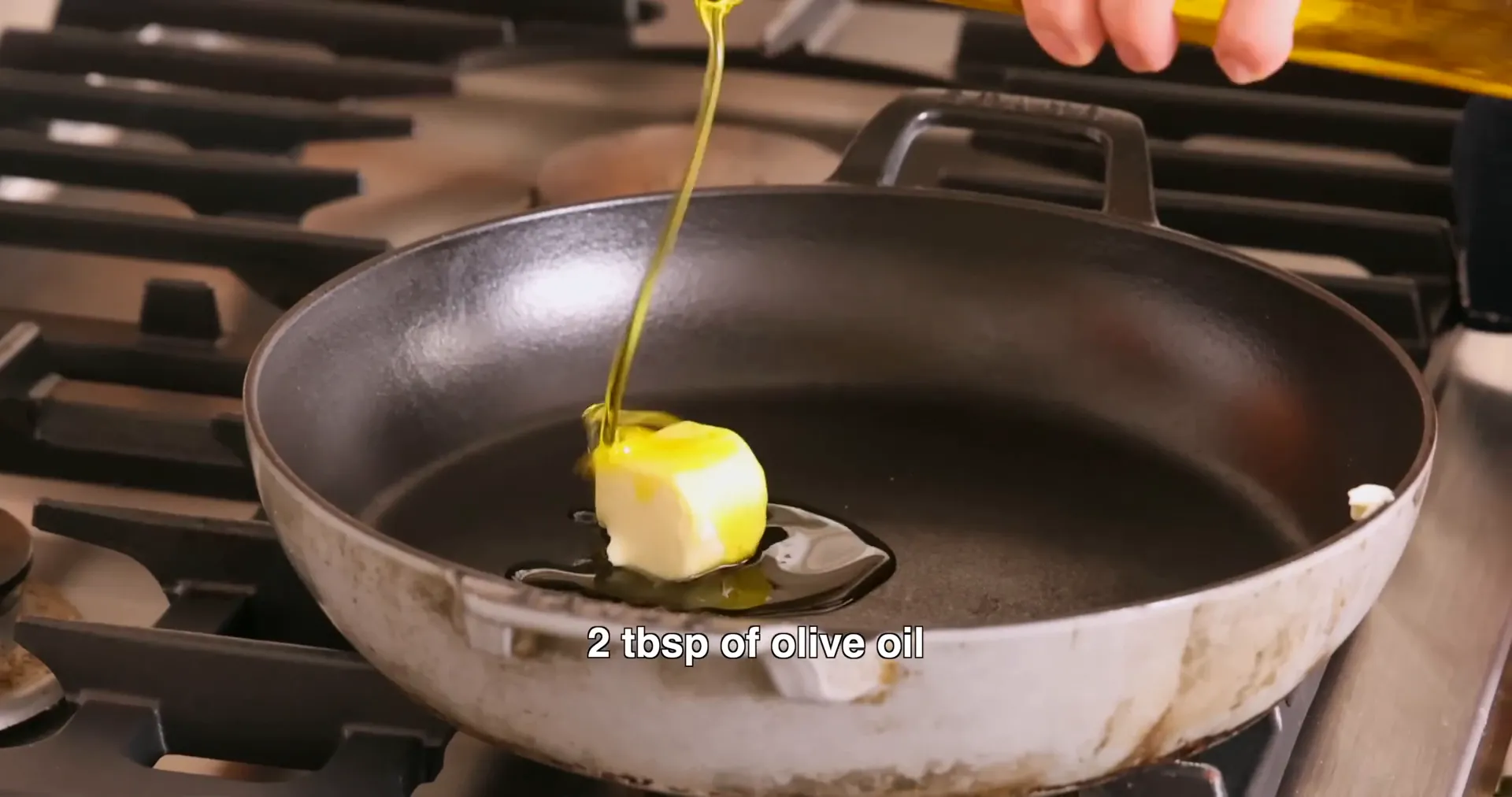Butter and olive oil melting in skillet over medium heat