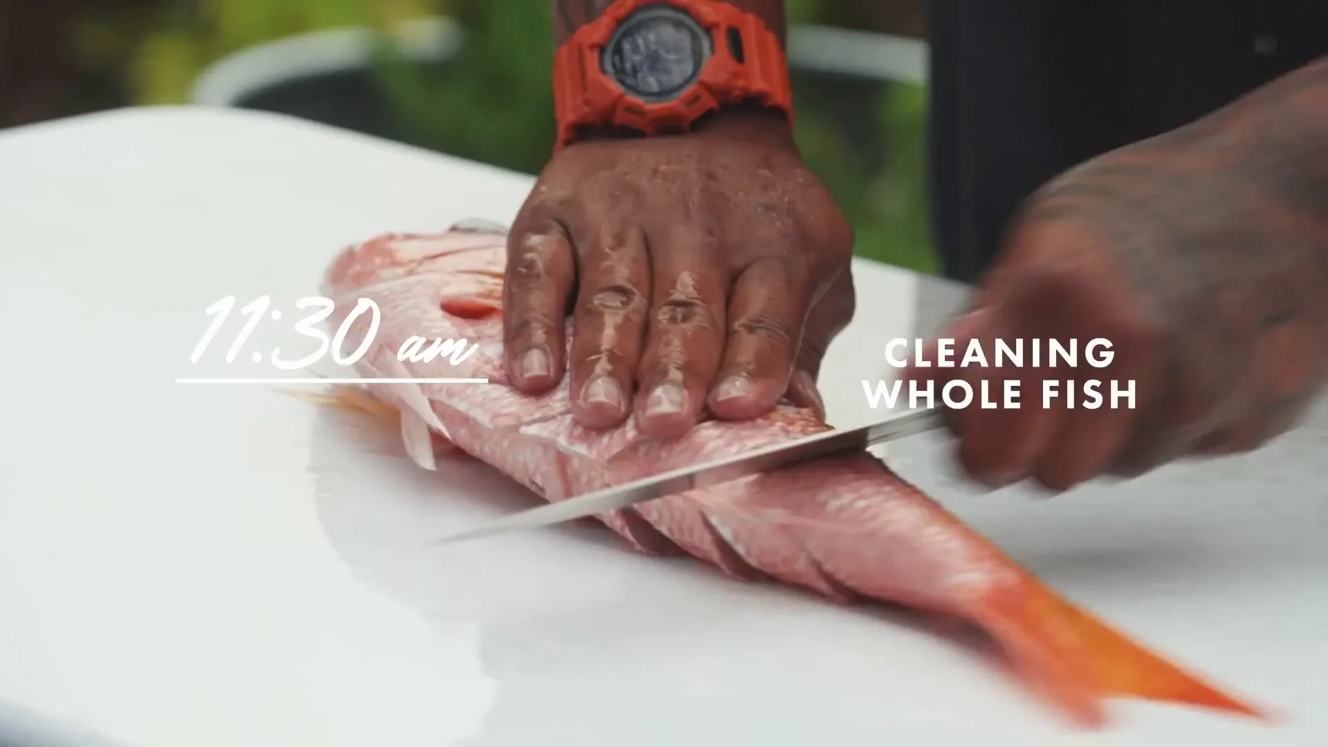 Fresh fish delivery and cleaning outside the restaurant