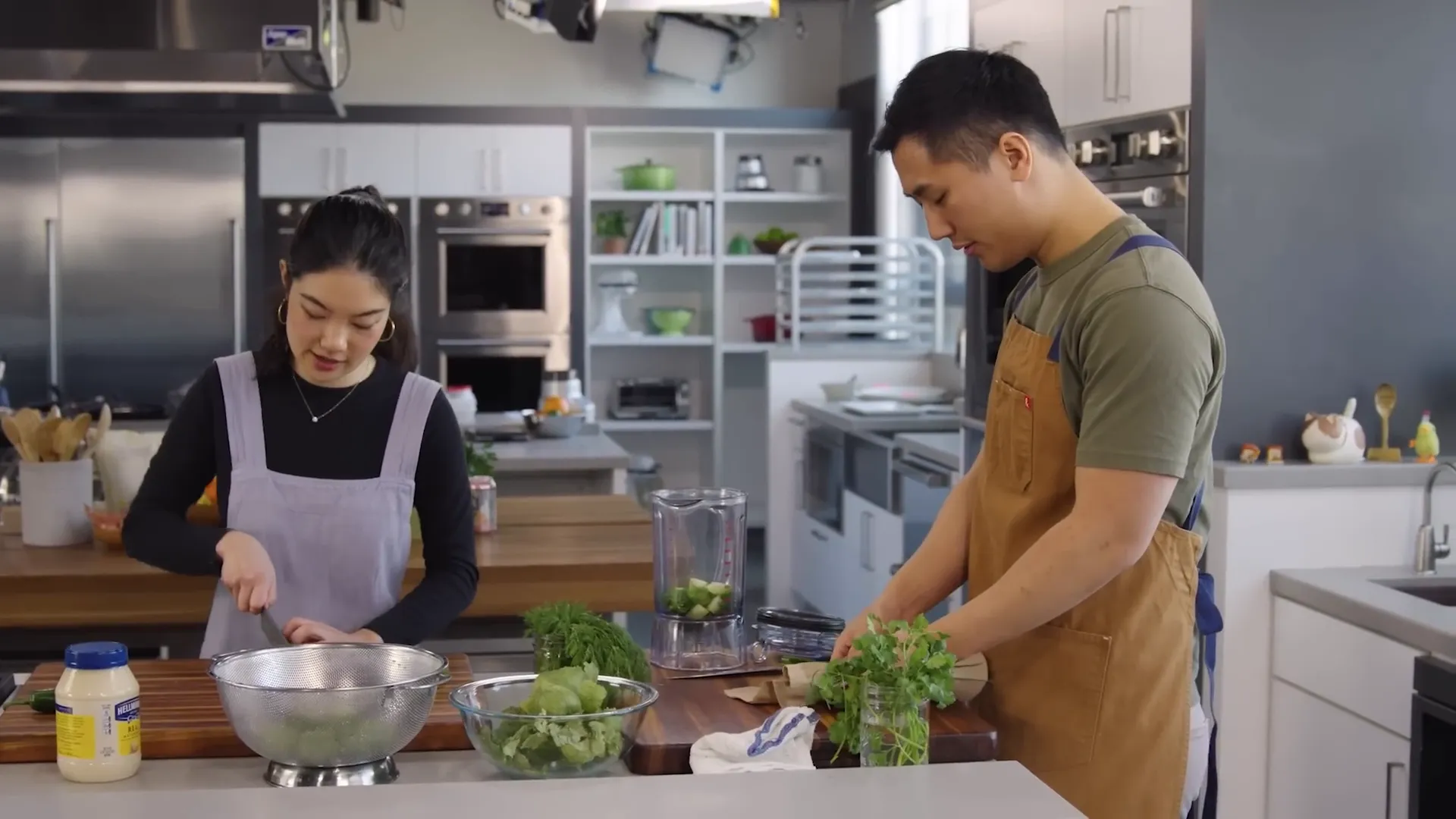 Blending herbs and tomatillos for the zesty dressing