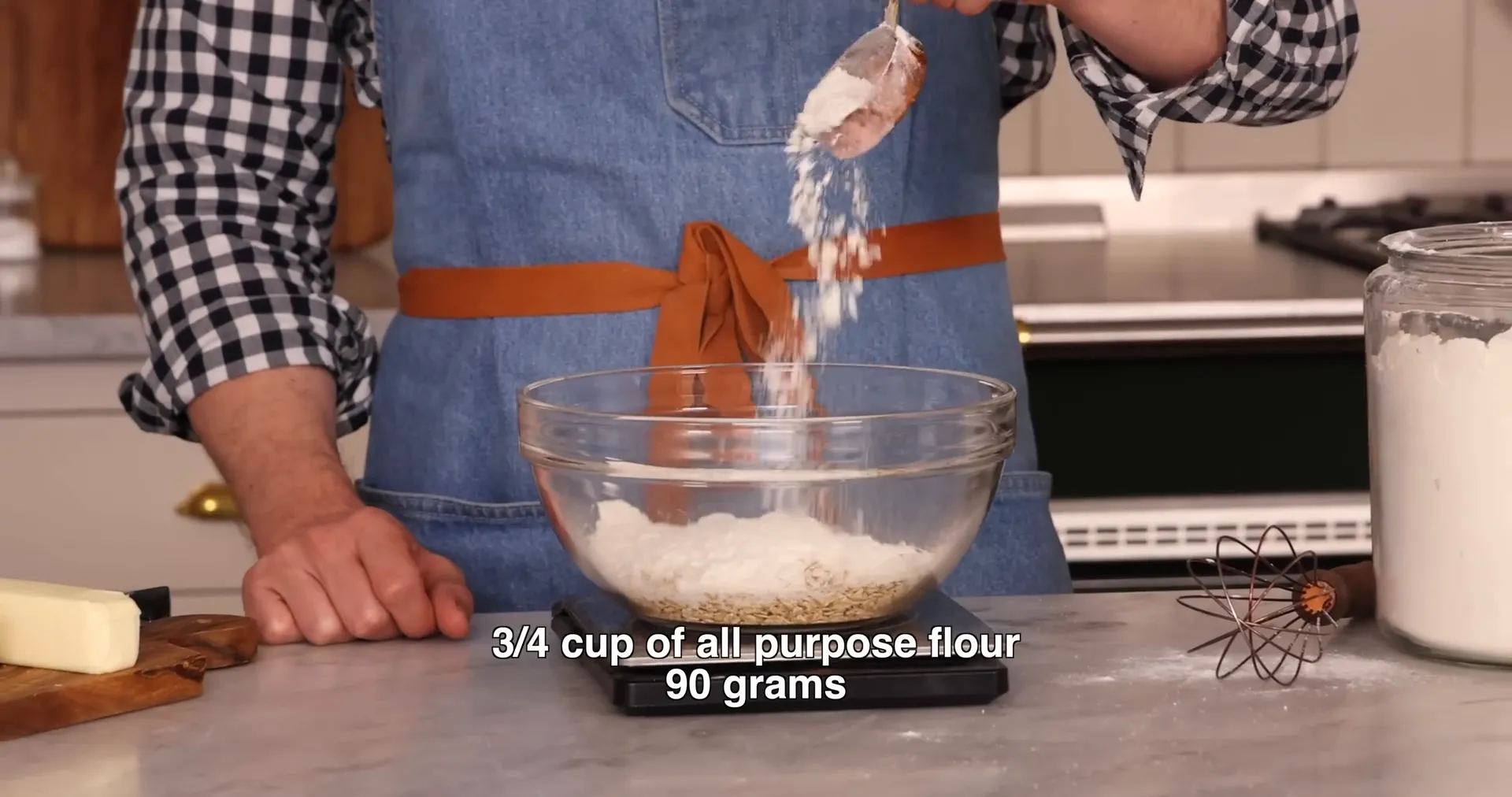 Mixing crisp topping ingredients including oats and flour in a bowl