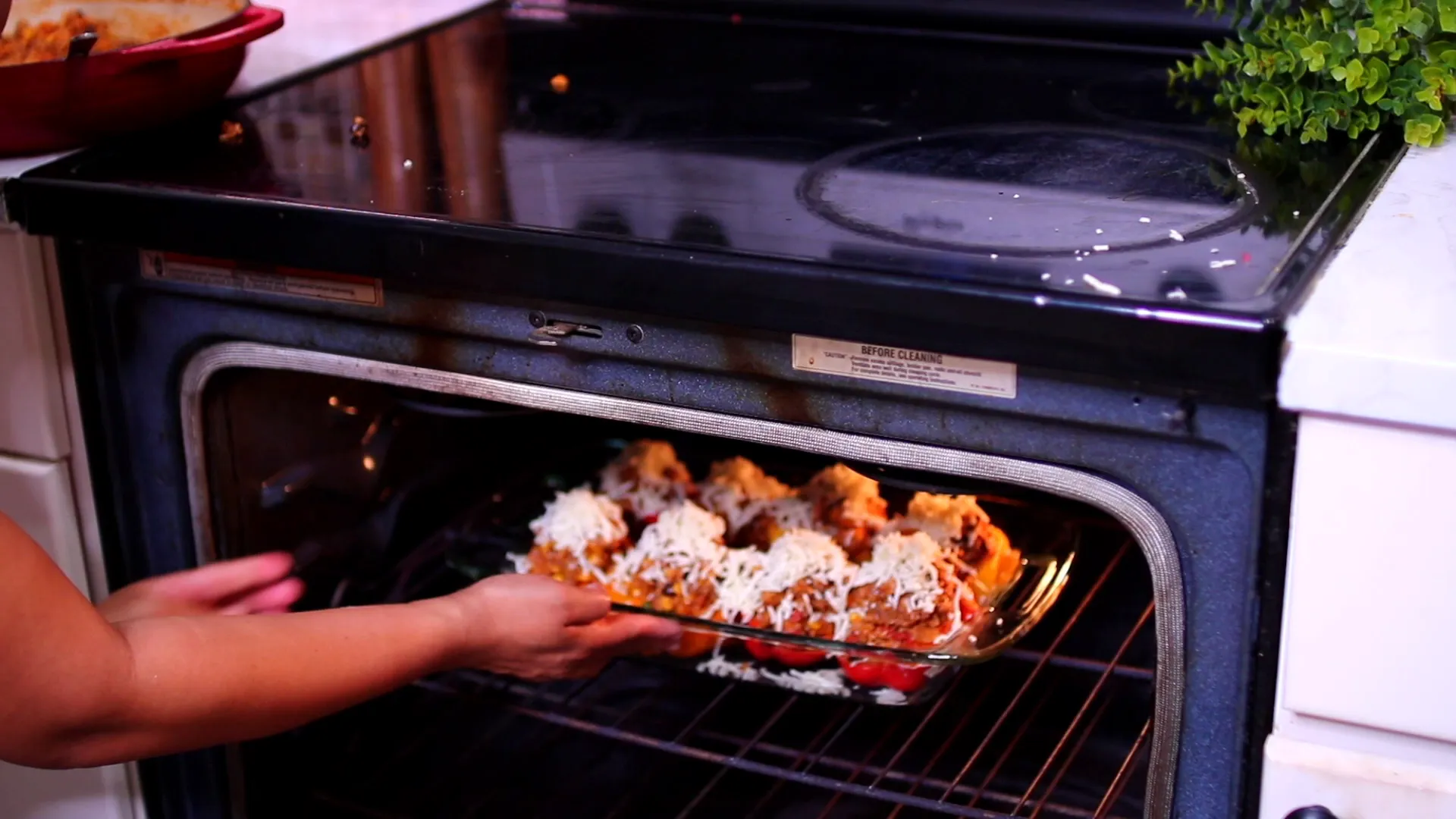 Stuffed peppers baking in the oven.