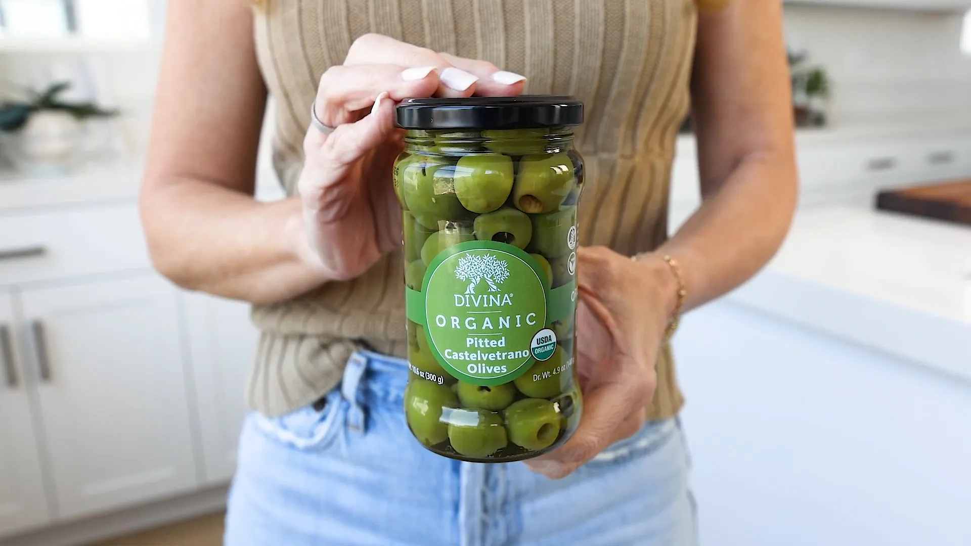 Pitted Castelvetrano olives.