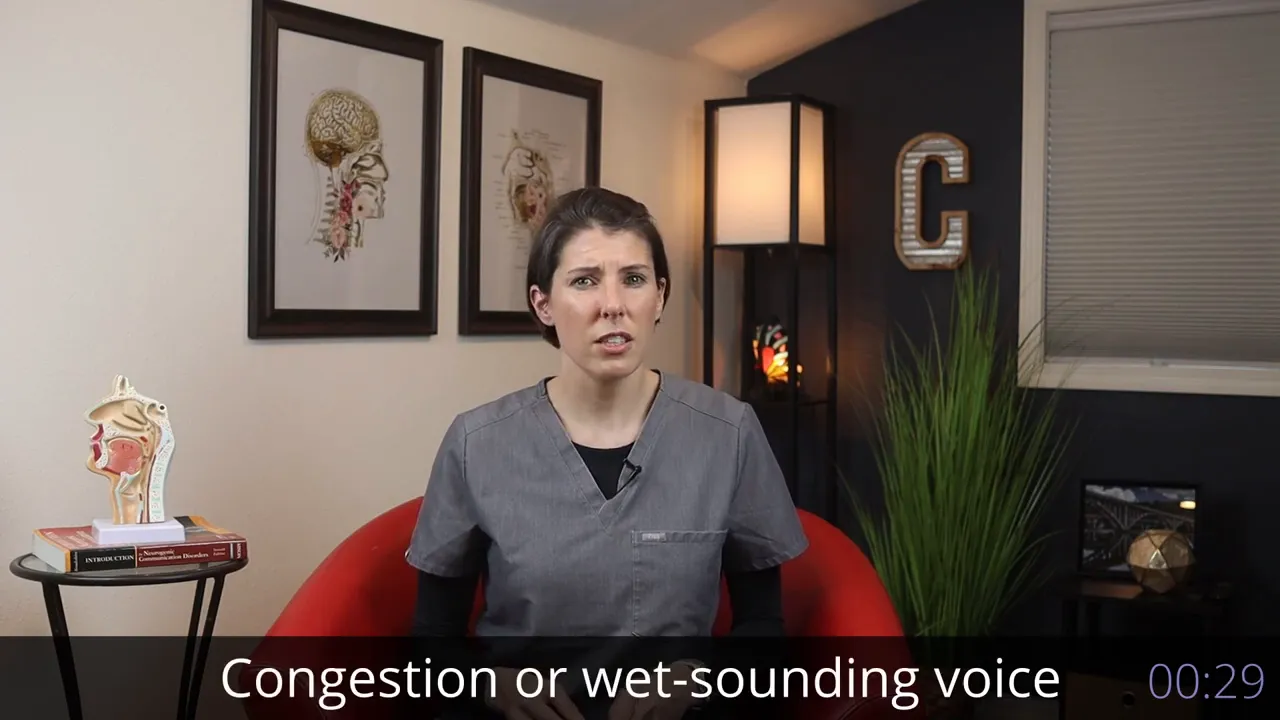 Person seated in chair with subtitle reading Congestion or wet-sounding voice
