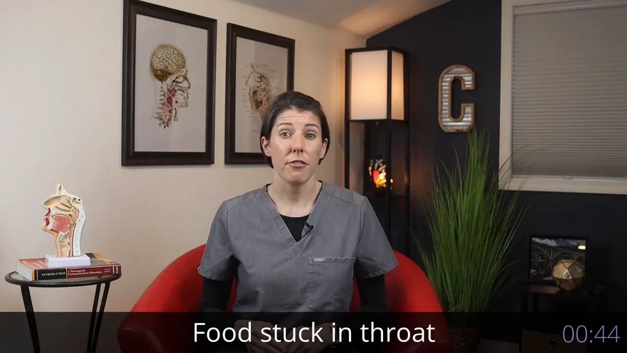 Person seated in red chair with on-screen text reading Food stuck in throat