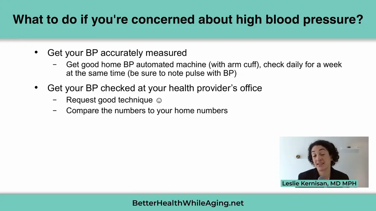 Slide titled what to do if you are concerned about high blood pressure with a numbered action list