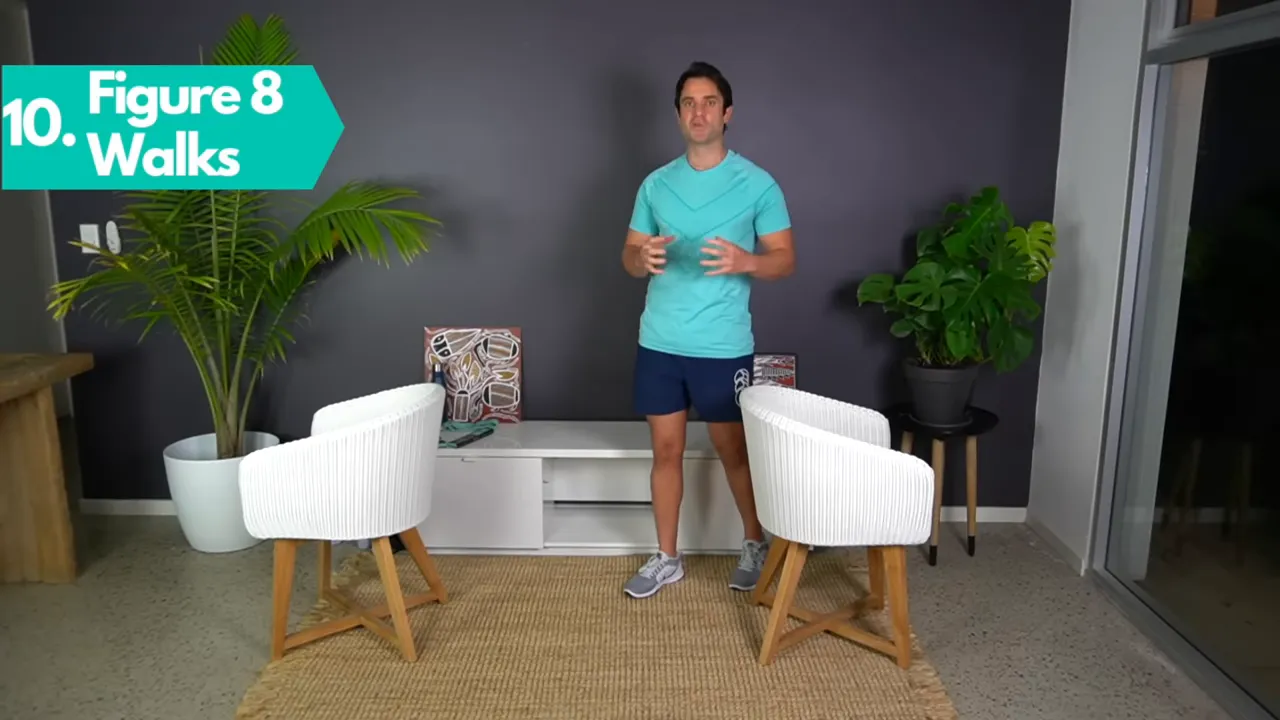 Two chairs spaced apart for figure 8 walking with on screen exercise label