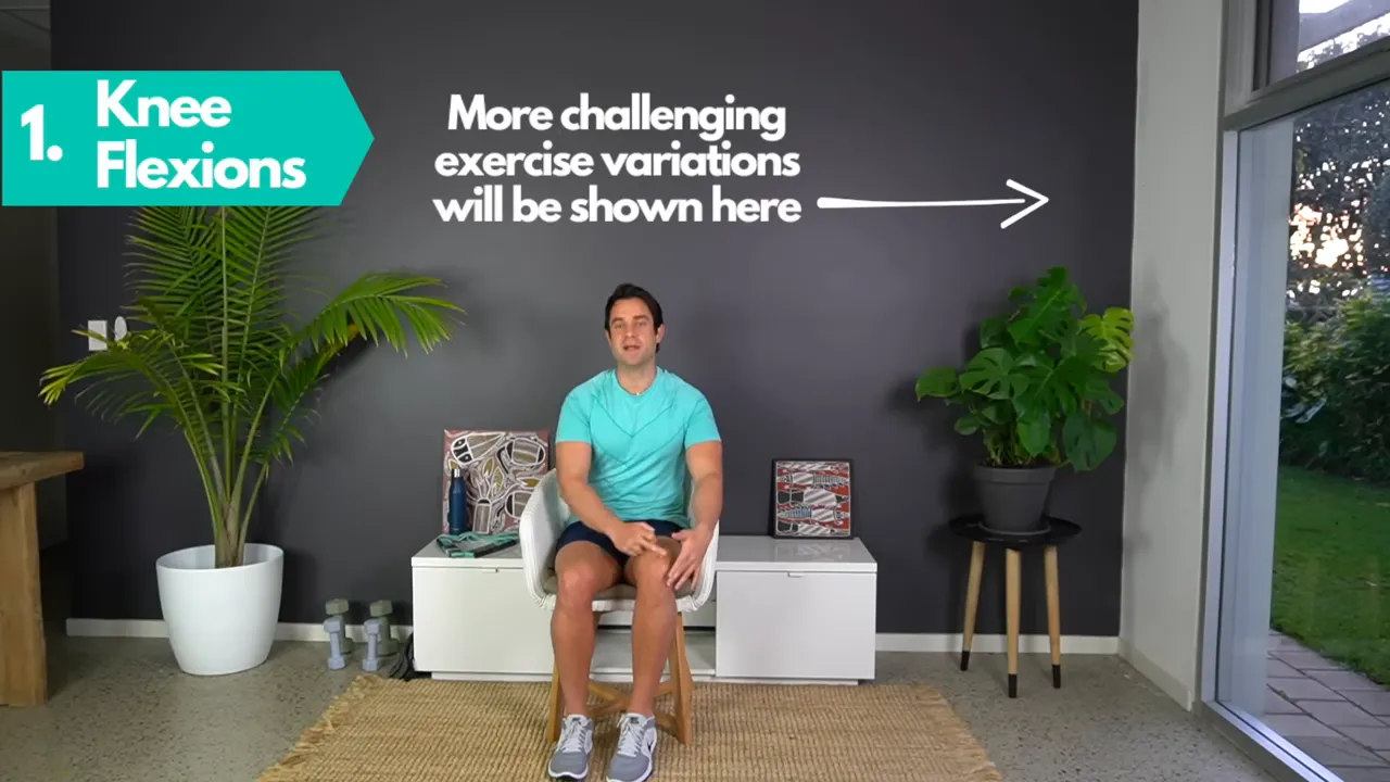 Seated exercise with on screen label for knee extensions and arrow pointing to thigh muscles