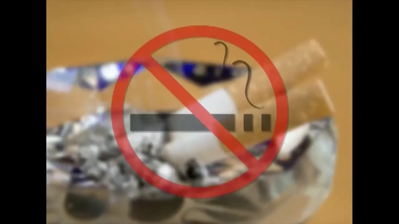 cigarettes in an ashtray with a red no smoking symbol over them