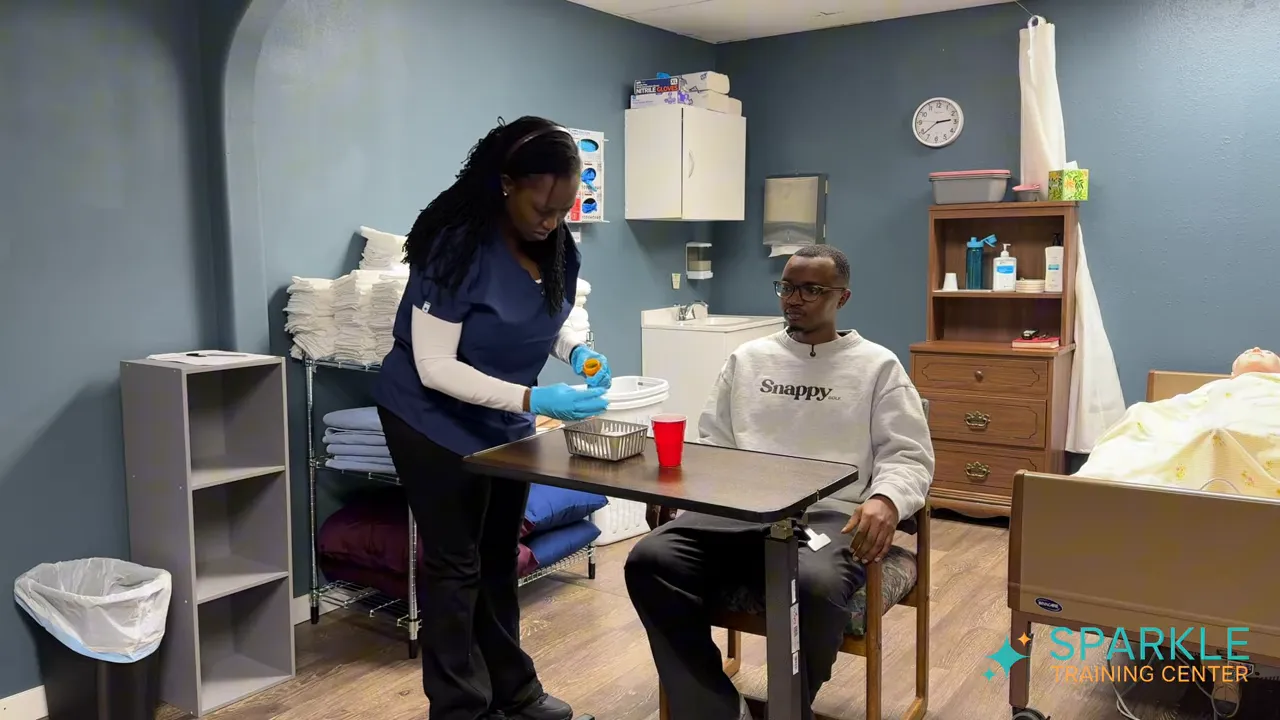 caregiver handling medication container over the table with red cup of water beside it
