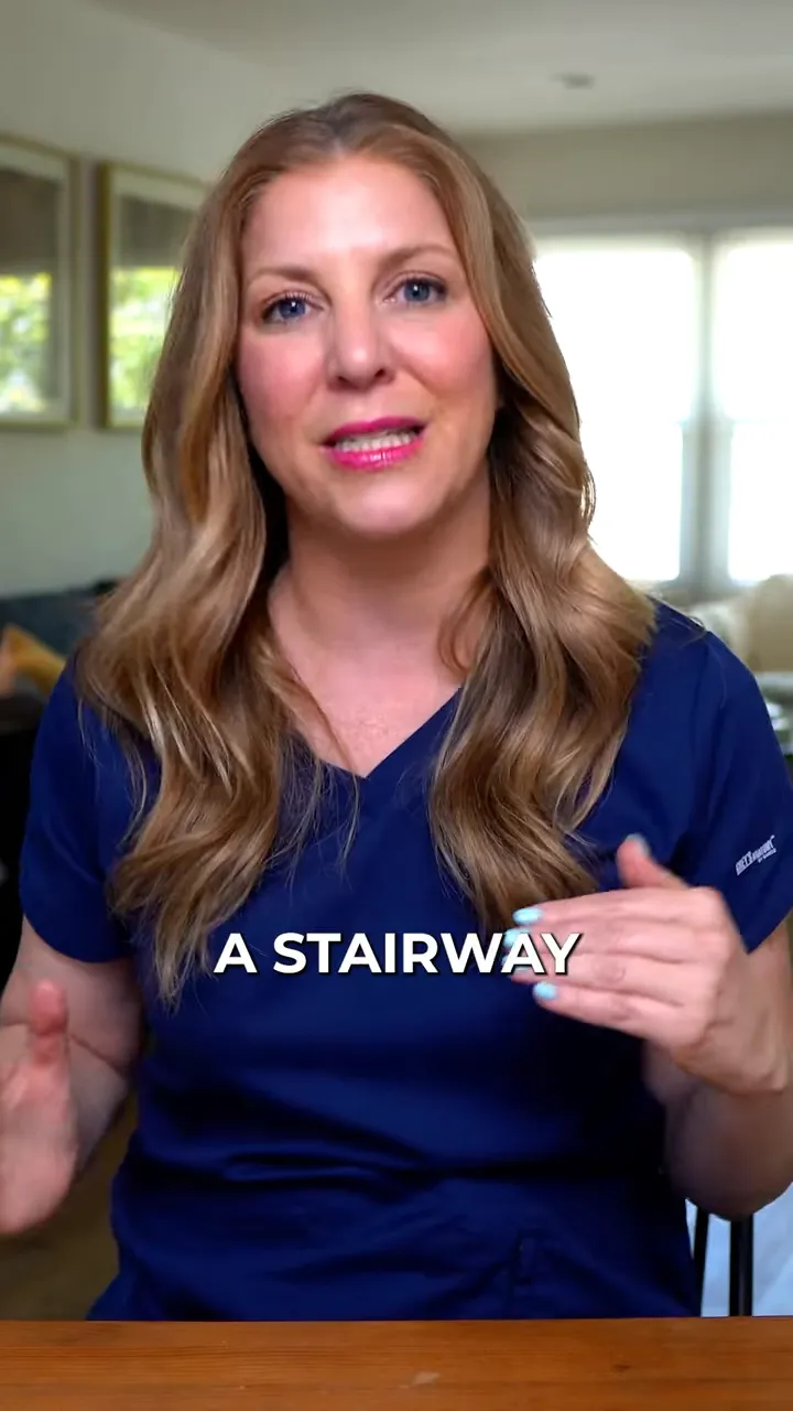 Person gesturing while the on-screen text reads a stairway