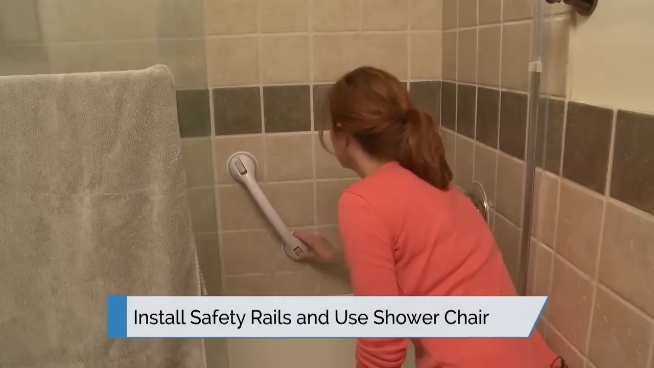 caregiver in bathtub area with on screen text install safety rails and use shower chair