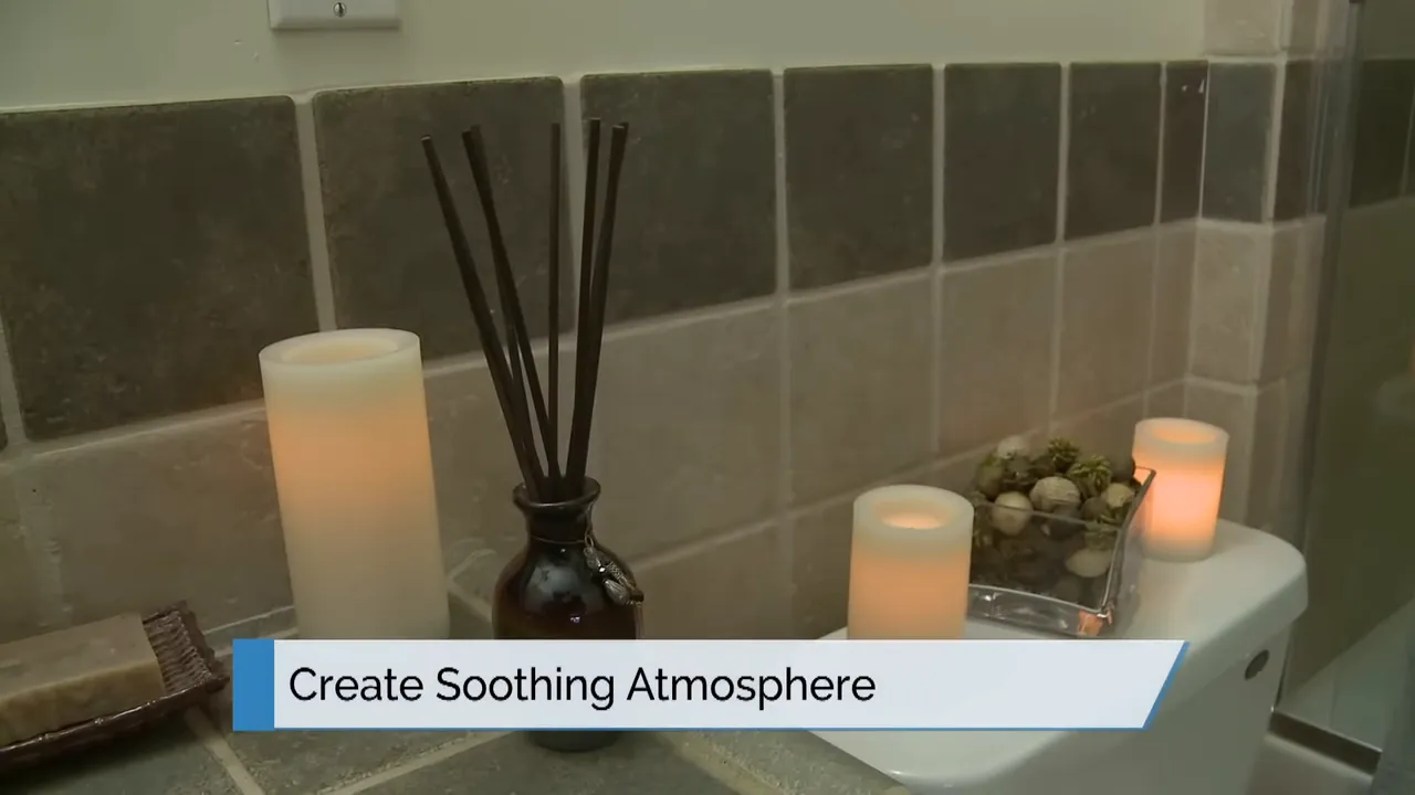 bathroom counter with flameless candles and reed diffuser