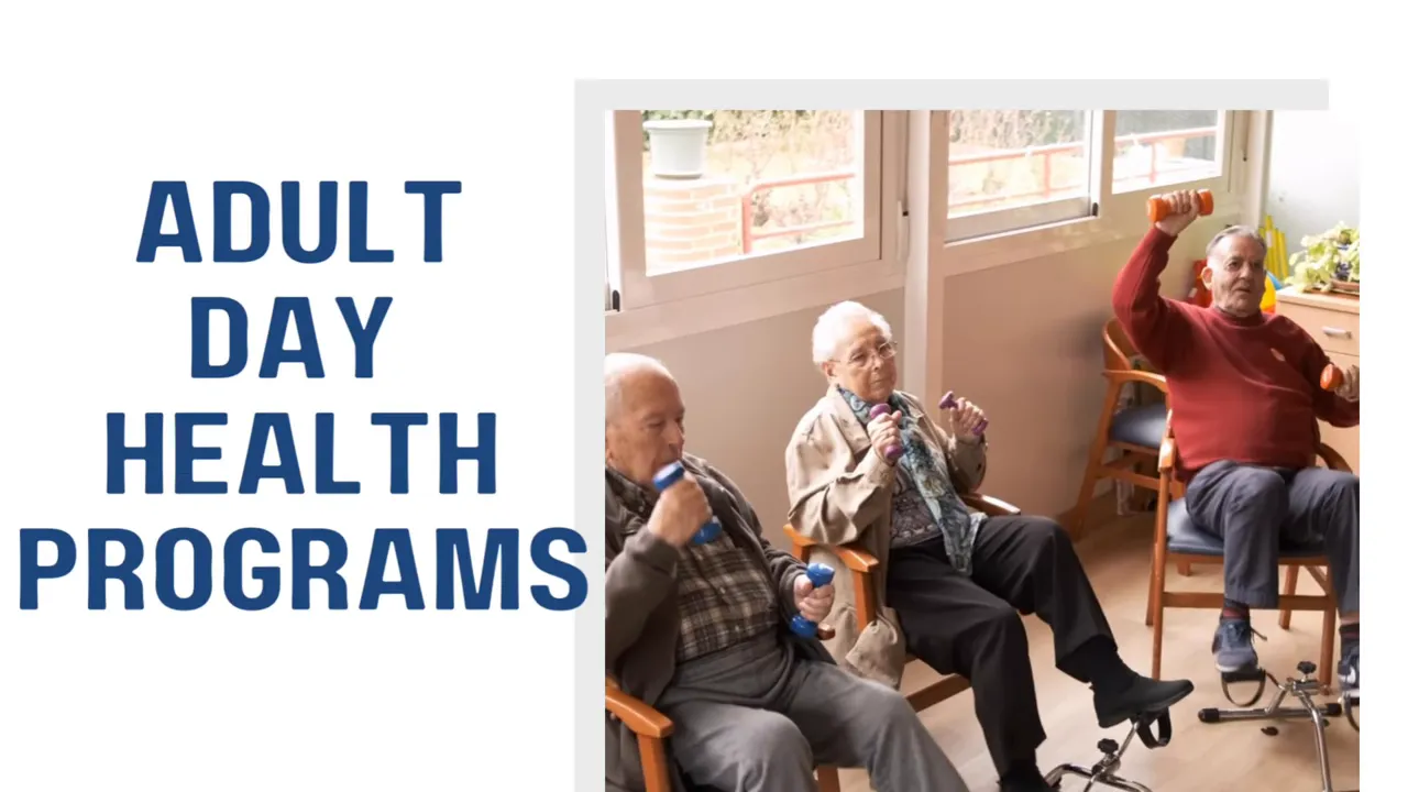 slide with adult day health programs text and older adults seated in a bright room