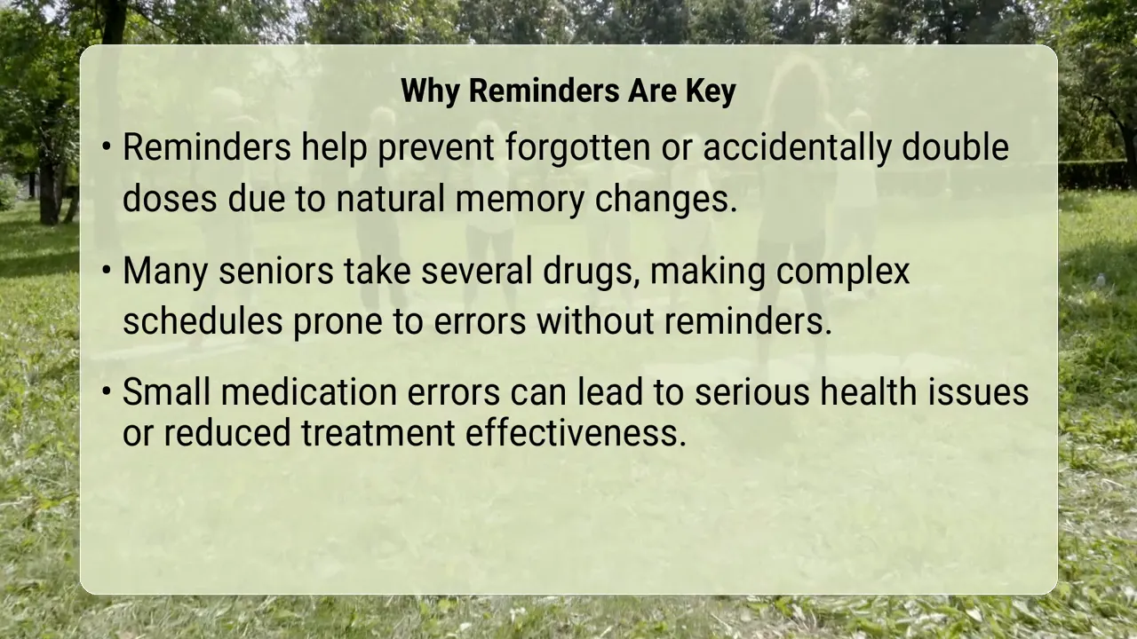 Slide titled Simple Reminder Solutions with bullet points about pill organizers, alarms, smart speakers, and caregiver assistance