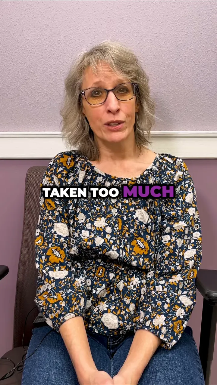 person seated in chair with on-screen text reading too little of and a pill graphic