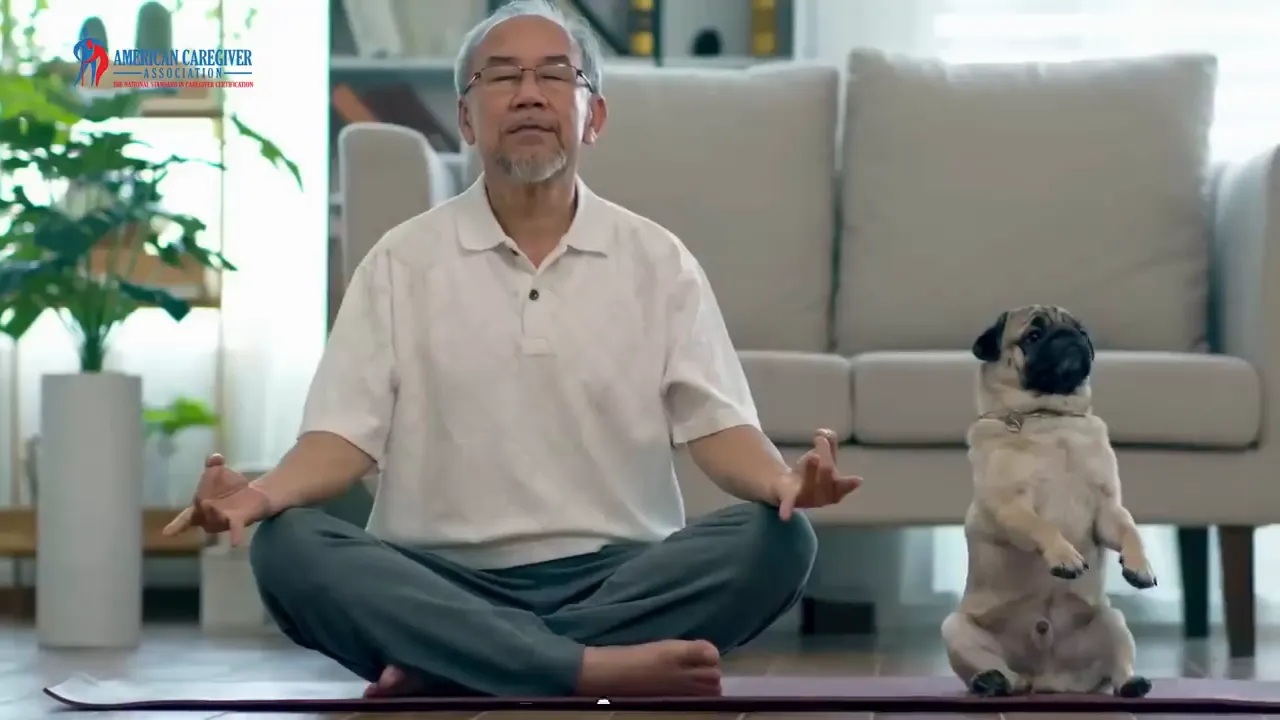 older man seated on the floor in a cross-legged yoga pose with a small dog nearby