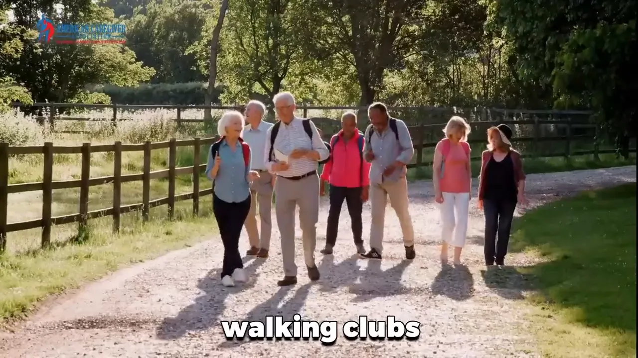 group of older adults walking together on a sunny path